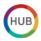 A rainbow coloured circle with black text for teh word HUB